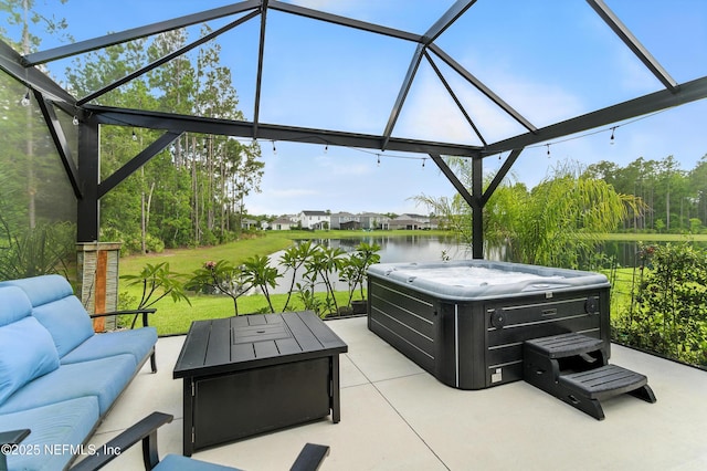 105 Meadow Creek Dr, Saint Johns, FL 32259 - view of patio / terrace with a hot tub, an outdoor hangout area, a lanai, and a water view