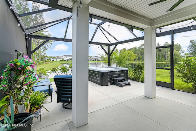 105 Meadow Creek Dr, Saint Johns, FL 32259 - view of patio / terrace with a hot tub, a lanai, a ceiling fan, and a gazebo