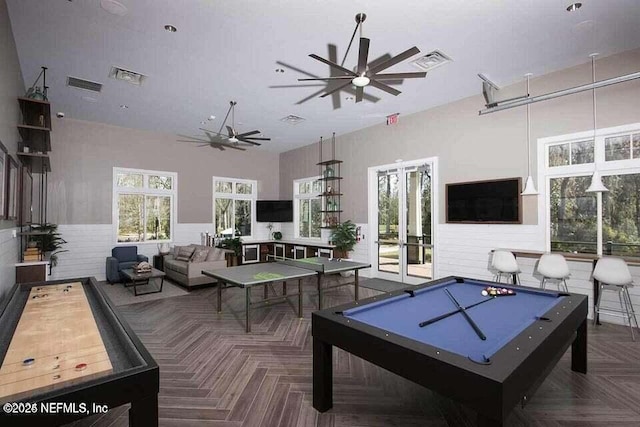 105 Meadow Creek Dr, Saint Johns, FL 32259 - playroom with a ceiling fan, a towering ceiling, billiards, and a wainscoted wall