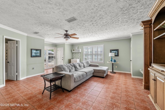 3679 Rustic Ln, Jacksonville, FL 32217 - living room with light tile patterned floors, ornamental molding, a ceiling fan, and a textured ceiling