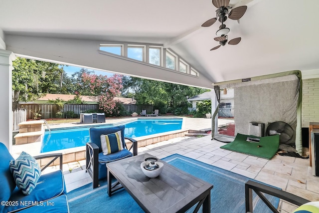 3679 Rustic Ln, Jacksonville, FL 32217 - view of pool featuring a fenced backyard, a patio, and a ceiling fan