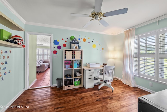 3679 Rustic Ln, Jacksonville, FL 32217 - home office featuring ornamental molding, a ceiling fan, and wood finished floors