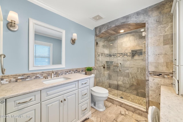 3679 Rustic Ln, Jacksonville, FL 32217 - full bathroom with vanity, a stall shower, tile walls, and tasteful backsplash