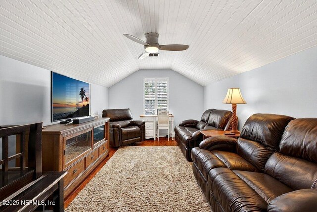 611 Selva Lakes Cir, Atlantic Beach, FL 32233 - living area with vaulted ceiling, ceiling fan, wood finished floors, and wooden ceiling