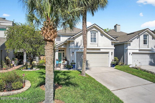 611 Selva Lakes Cir, Atlantic Beach, FL 32233 - view of front of property featuring stucco siding, concrete driveway, an attached garage, a front yard, and a chimney