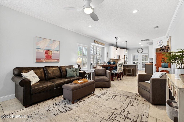 611 Selva Lakes Cir, Atlantic Beach, FL 32233 - living area with crown molding, a textured ceiling, a ceiling fan, and recessed lighting