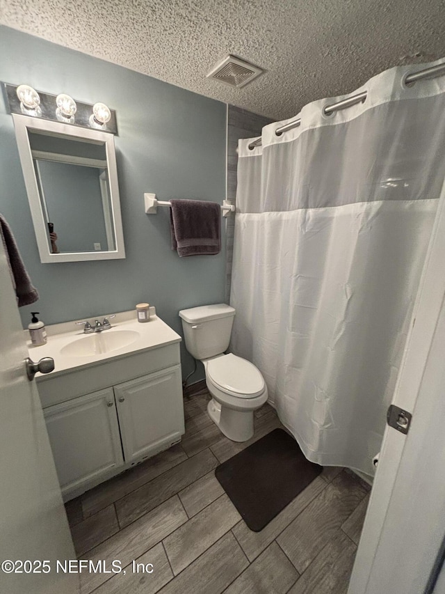 3112 Hampstead Dr, Jacksonville, FL 32225 - bathroom with vanity, a textured ceiling, wood tiled floors, and a shower with shower curtain