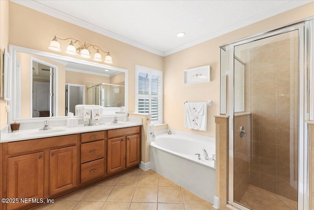85339 Amagansett Dr, Fernandina Beach, FL 32034 - bathroom with a stall shower, a bath, double vanity, ornamental molding, and tile patterned floors