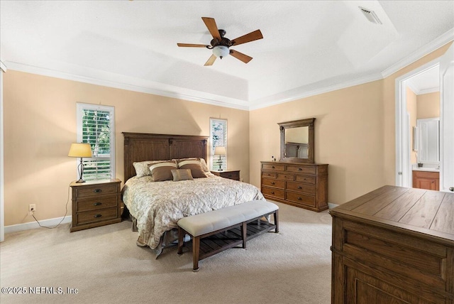 85339 Amagansett Dr, Fernandina Beach, FL 32034 - bedroom featuring light carpet, crown molding, a tray ceiling, and ceiling fan