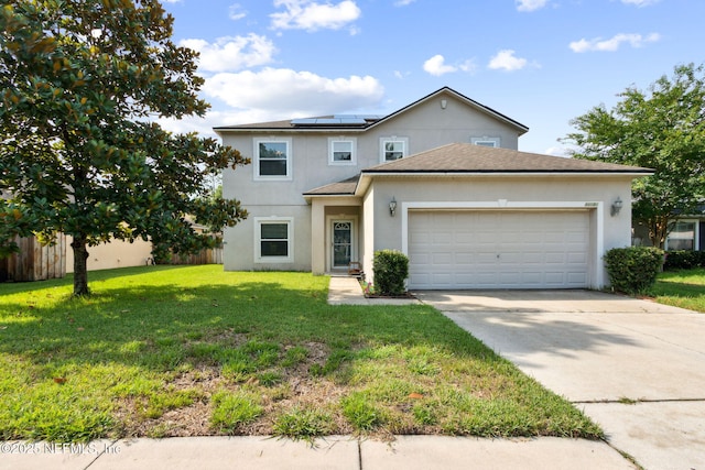 86051 Venetian Ave, Yulee, FL 32097 - traditional-style house with roof mounted solar panels, a garage, concrete driveway, and stucco siding