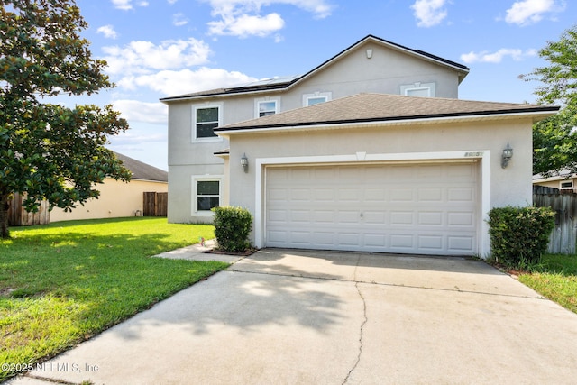 86051 Venetian Ave, Yulee, FL 32097 - traditional home with concrete driveway, roof mounted solar panels, stucco siding, a garage, and roof with shingles