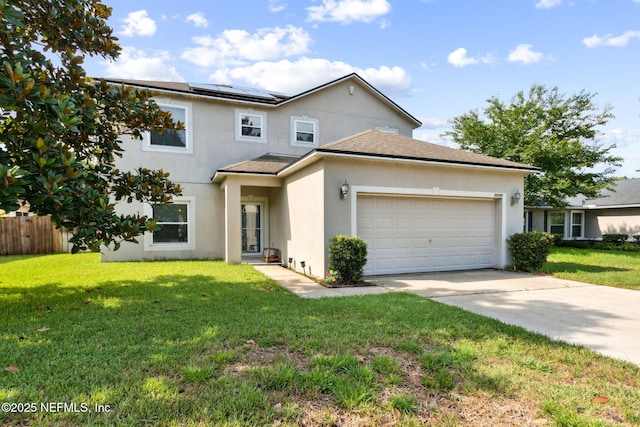86051 Venetian Ave, Yulee, FL 32097 - traditional home featuring stucco siding, a garage, solar panels, and concrete driveway
