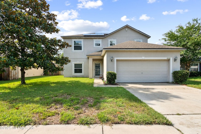 86051 Venetian Ave, Yulee, FL 32097 - traditional home featuring solar panels, an attached garage, concrete driveway, and stucco siding