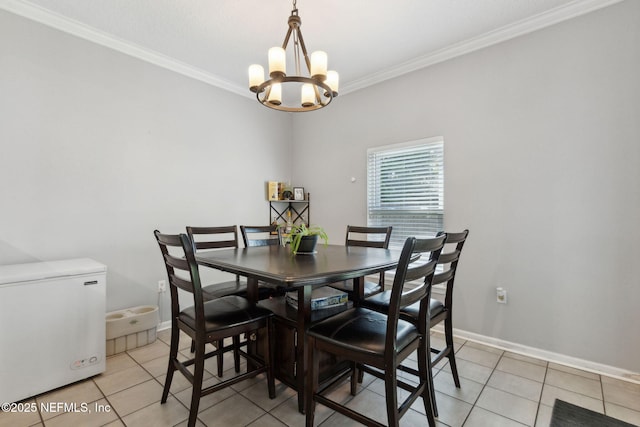 86051 Venetian Ave, Yulee, FL 32097 - dining space with light tile patterned flooring, a chandelier, and ornamental molding