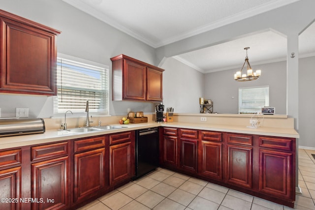 86051 Venetian Ave, Yulee, FL 32097 - kitchen featuring black dishwasher, reddish brown cabinets, light tile patterned floors, light countertops, and crown molding