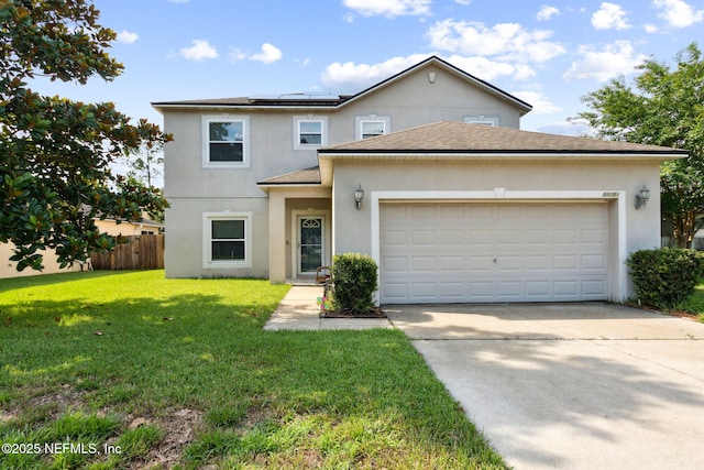 86051 Venetian Ave, Yulee, FL 32097 - traditional-style house featuring stucco siding, roof mounted solar panels, concrete driveway, and a shingled roof