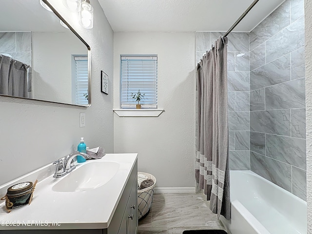 540485 US Highway 1, Callahan, FL 32011 - full bath featuring vanity, shower / bath combo, and marble look tile flooring