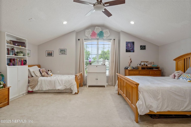 1630 Highland View Ct, Fleming Island, FL 32003 - bedroom featuring a textured ceiling, lofted ceiling, light colored carpet, and ceiling fan