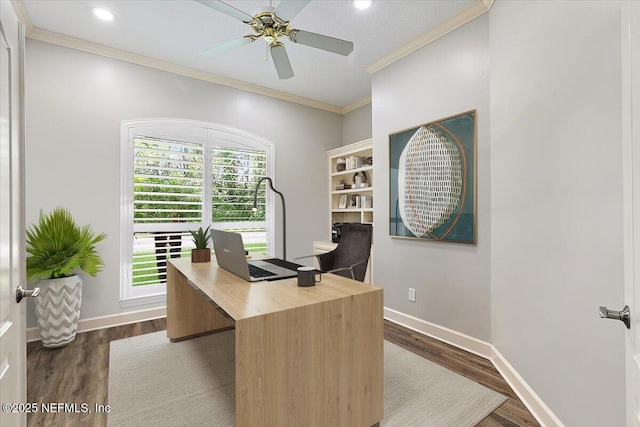 104 Haverhill Dr, Ponte Vedra Beach, FL 32082 - office area featuring dark wood-style floors, ceiling fan, ornamental molding, and recessed lighting