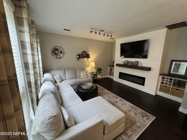 86163 Venetian Ave, Yulee, FL 32097 - living room with dark wood-style flooring, a glass covered fireplace, rail lighting, and a textured ceiling
