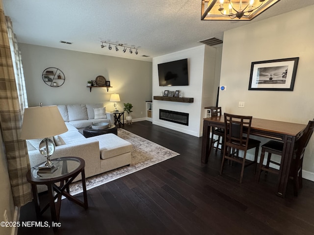 86163 Venetian Ave, Yulee, FL 32097 - living room featuring wood-type flooring, a glass covered fireplace, a chandelier, and a textured ceiling