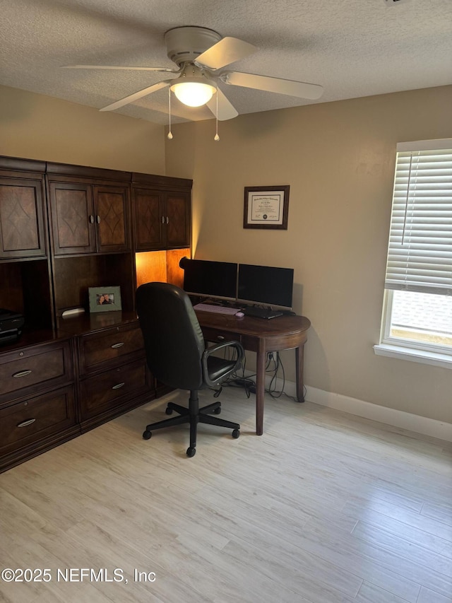 86163 Venetian Ave, Yulee, FL 32097 - home office featuring a textured ceiling, a ceiling fan, and light wood-style flooring