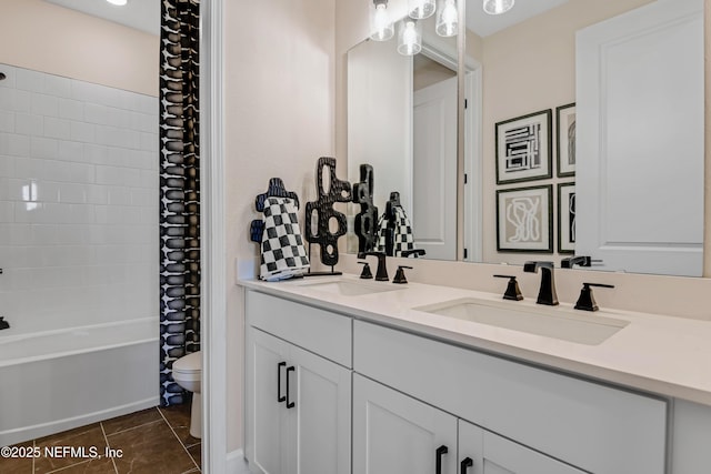 2443 Trailmark Dr, Saint Augustine, FL 32092 - bathroom with double vanity, shower / tub combo with curtain, and tile patterned flooring