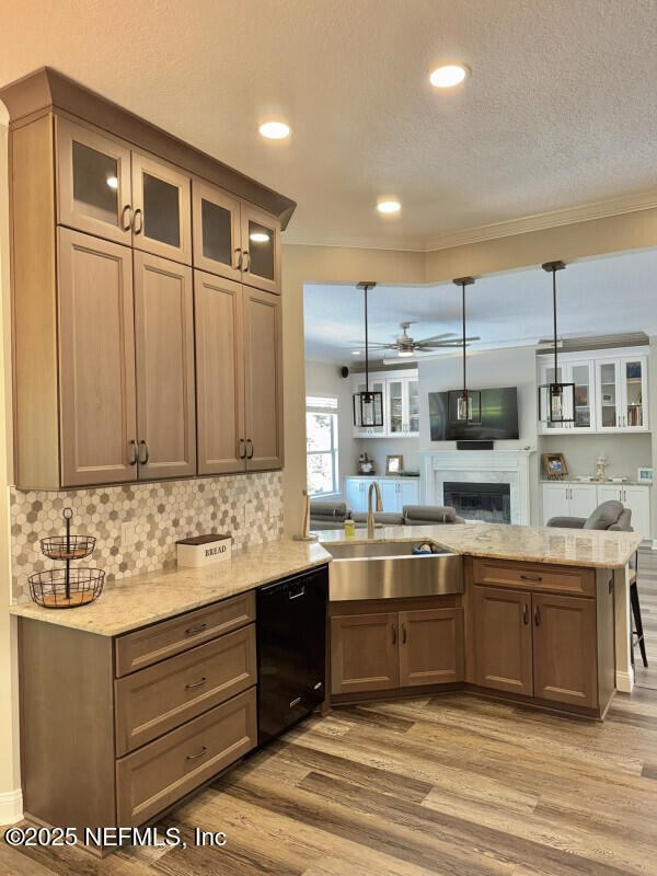 1703 Hunters Ridge Rd, Fleming Island, FL 32003 - kitchen featuring dishwasher, a peninsula, open floor plan, light wood finished floors, and a ceiling fan