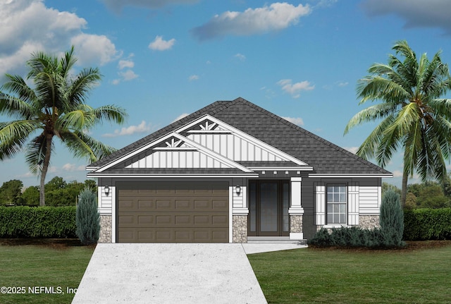 828 Oaklawn Ct, Saint Augustine, FL 32092 - view of front facade featuring stone siding, driveway, a front yard, a garage, and roof with shingles