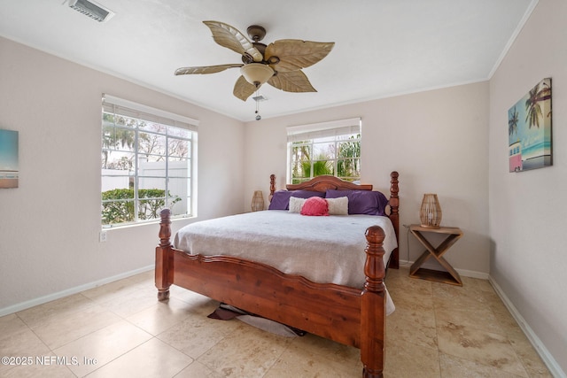2910 Lake Shore Blvd, Jacksonville, FL 32210 - bedroom with multiple windows, ornamental molding, ceiling fan, and light tile patterned flooring