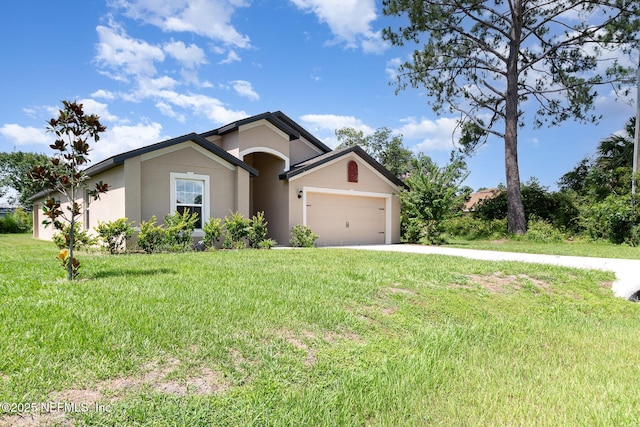 12 Wood Amber Ln, Palm Coast, FL 32164 - ranch-style home featuring stucco siding, a front lawn, a garage, and concrete driveway
