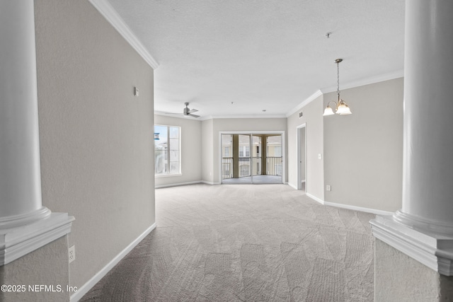 8290 Gate Pkwy Unit 1115, Jacksonville, FL 32216 - unfurnished living room with decorative columns, carpet floors, ornamental molding, and ceiling fan