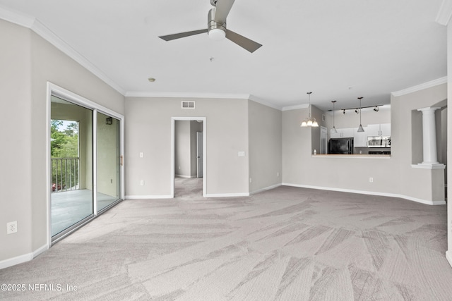 8290 Gate Pkwy Unit 1115, Jacksonville, FL 32216 - unfurnished living room with carpet floors, a ceiling fan, crown molding, and a chandelier