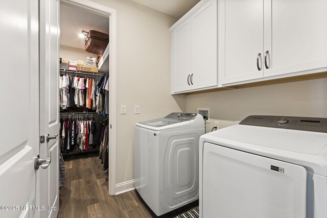 393 Ladyslipper Dr, Saint Johns, FL 32259 - laundry room featuring washing machine and dryer, cabinet space, and dark wood finished floors