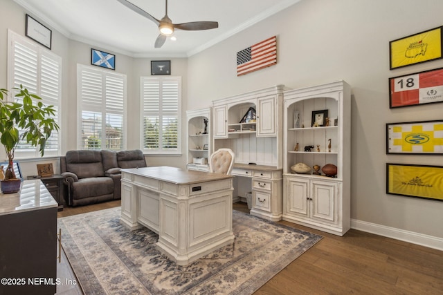95049 Wild Cherry Dr, Fernandina Beach, FL 32034 - home office with ceiling fan, dark wood-style flooring, ornamental molding, and built in desk