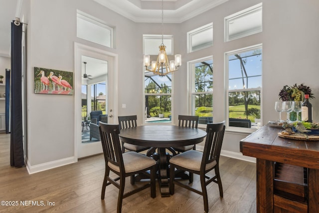 95049 Wild Cherry Dr, Fernandina Beach, FL 32034 - dining space featuring a high ceiling, plenty of natural light, wood finished floors, ornamental molding, and a chandelier