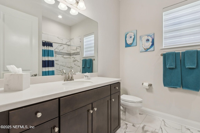 95049 Wild Cherry Dr, Fernandina Beach, FL 32034 - bathroom featuring marble look tile flooring, vanity, and curtained shower