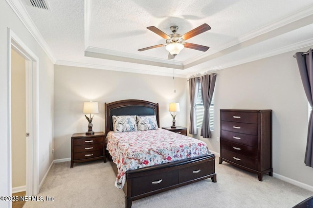 4032 Sandbank Ct, Middleburg, FL 32068 - bedroom with a tray ceiling, light colored carpet, ornamental molding, a ceiling fan, and a textured ceiling