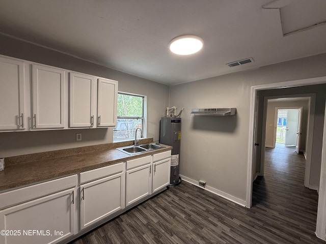 925 W 25th St, Jacksonville, FL 32209 - kitchen featuring electric water heater, white cabinets, dark wood-style floors, and dark countertops