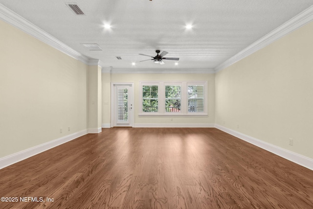 1387 Sunset View Ln, Jacksonville, FL 32207 - unfurnished living room featuring crown molding, ceiling fan, recessed lighting, and dark wood finished floors