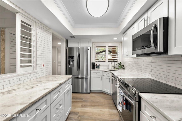 822 Coquina Bay, Ponte Vedra Beach, FL 32082 - kitchen featuring appliances with stainless steel finishes, ornamental molding, a raised ceiling, tasteful backsplash, and light stone counters