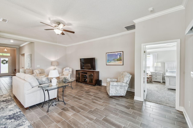 100 Dove Tree Ln, Saint Augustine, FL 32095 - living room with ceiling fan, crown molding, and wood finished floors