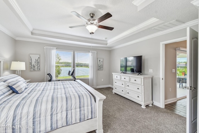 100 Dove Tree Ln, Saint Augustine, FL 32095 - carpeted bedroom featuring a raised ceiling, crown molding, and a ceiling fan