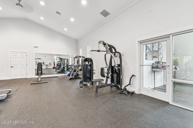 100 Dove Tree Ln, Saint Augustine, FL 32095 - exercise room with recessed lighting and high vaulted ceiling