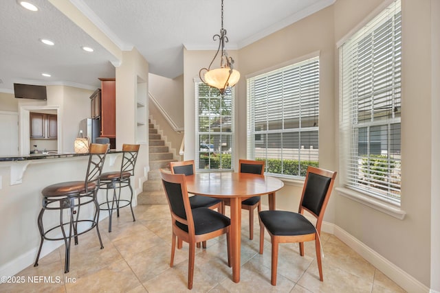 168 Pinehurst Pointe Dr, Saint Augustine, FL 32092 - dining space featuring crown molding, stairway, light tile patterned floors, recessed lighting, and a textured ceiling