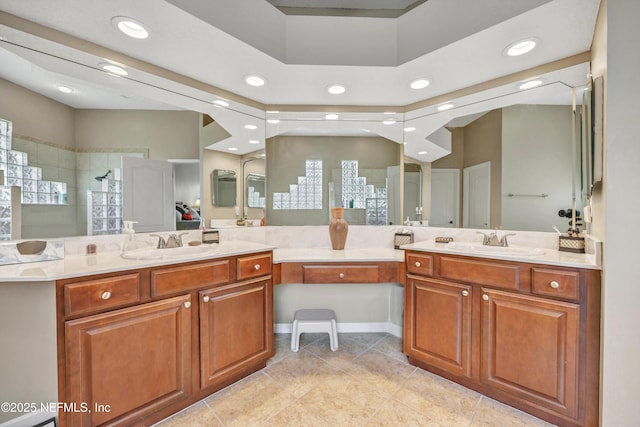 168 Pinehurst Pointe Dr, Saint Augustine, FL 32092 - bathroom featuring double vanity, recessed lighting, tile patterned floors, and walk in shower