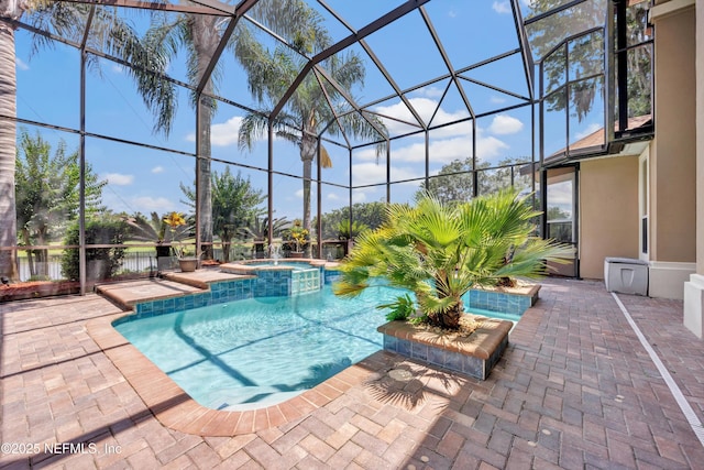 168 Pinehurst Pointe Dr, Saint Augustine, FL 32092 - view of swimming pool featuring a patio, glass enclosure, and a pool with connected hot tub