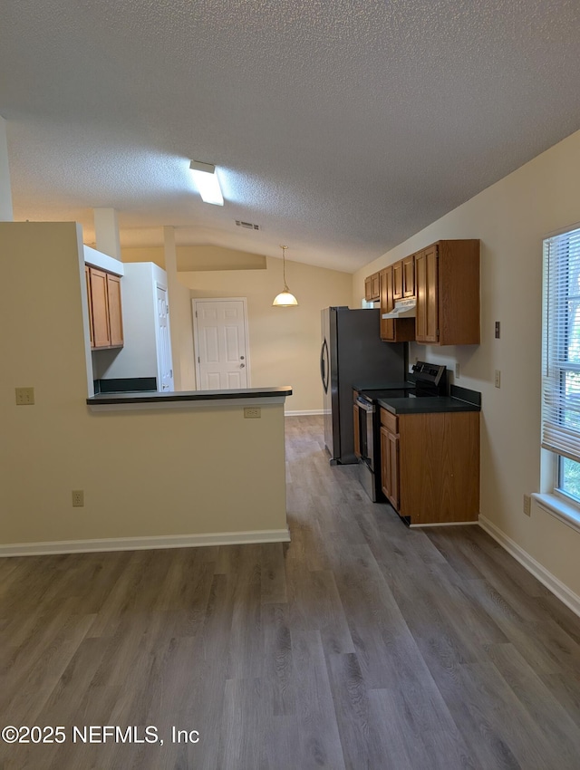 9302 Cumberland Station Dr, Jacksonville, FL 32257 - kitchen featuring appliances with stainless steel finishes, vaulted ceiling, dark countertops, brown cabinetry, and a textured ceiling