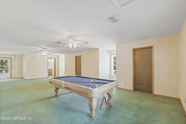 136 Hollywood Forest Dr, Fleming Island, FL 32003 - recreation room featuring billiards table, carpet floors, a ceiling fan, and a textured ceiling