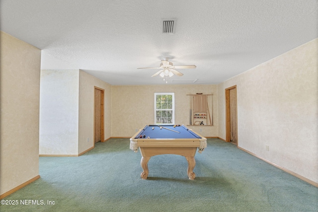 136 Hollywood Forest Dr, Fleming Island, FL 32003 - recreation room with carpet floors, pool table, a ceiling fan, and a textured ceiling